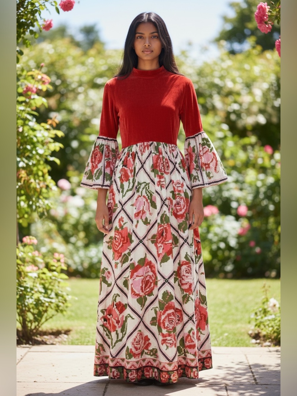 Vintage Red Mock Neck Bell Sleeve Floral Diamond Lattice Maxi Dress